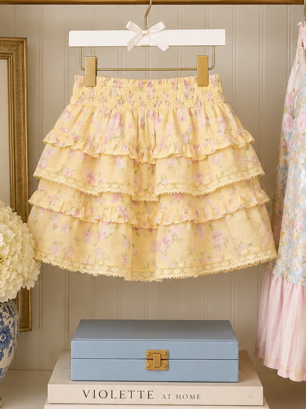 LoveShackFancy Billie Yellow Floral Tiered Ruffle Skirt